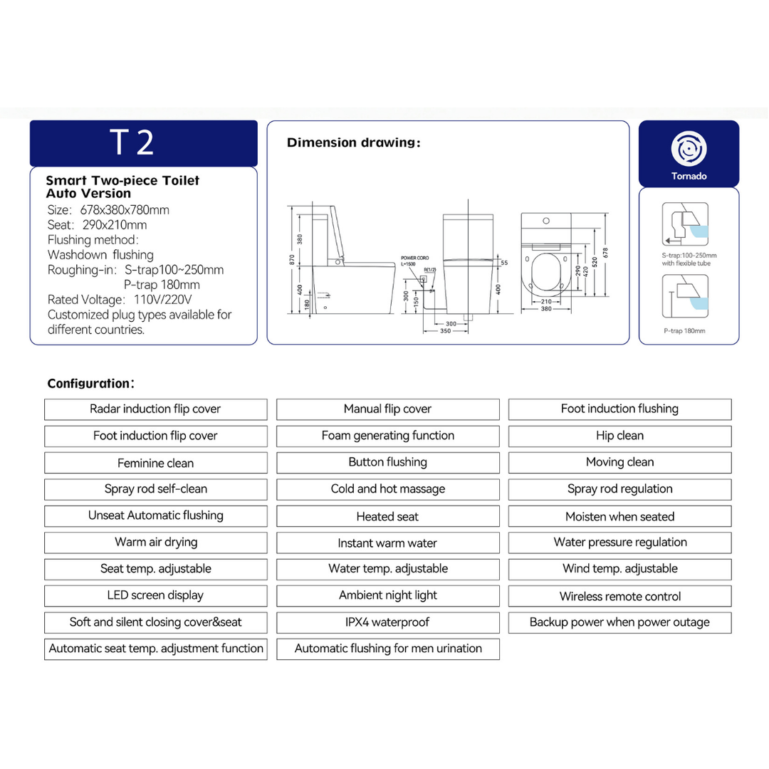 Smart-T T2 Close Coupled Rimless Push Button Flush Smart Toilet