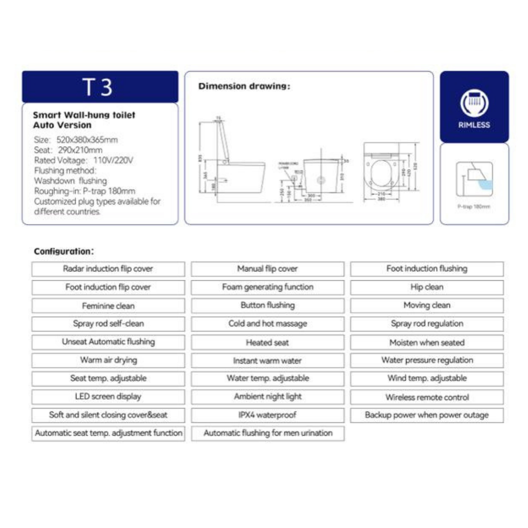 Smart-T T3 Wall Mounted Rimless Smart Toilet
